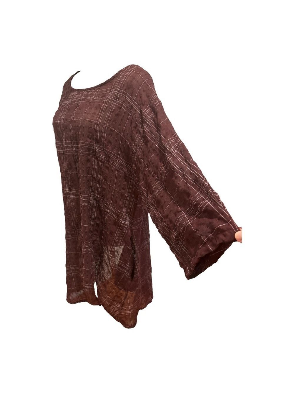 ZANZEA COTTON CREPE BURGUNDY WINDOW PANE PLAID SCOOP NECK 3/4 SLEEVE TUNIC TOP M - Picture 4 of 5
